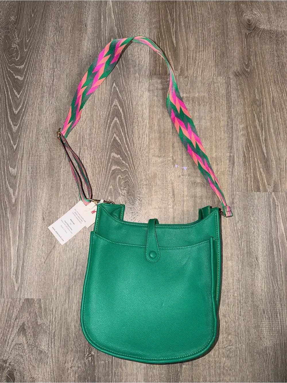 Vibrant Green Crossbody Bag with Multicolor Woven Strap